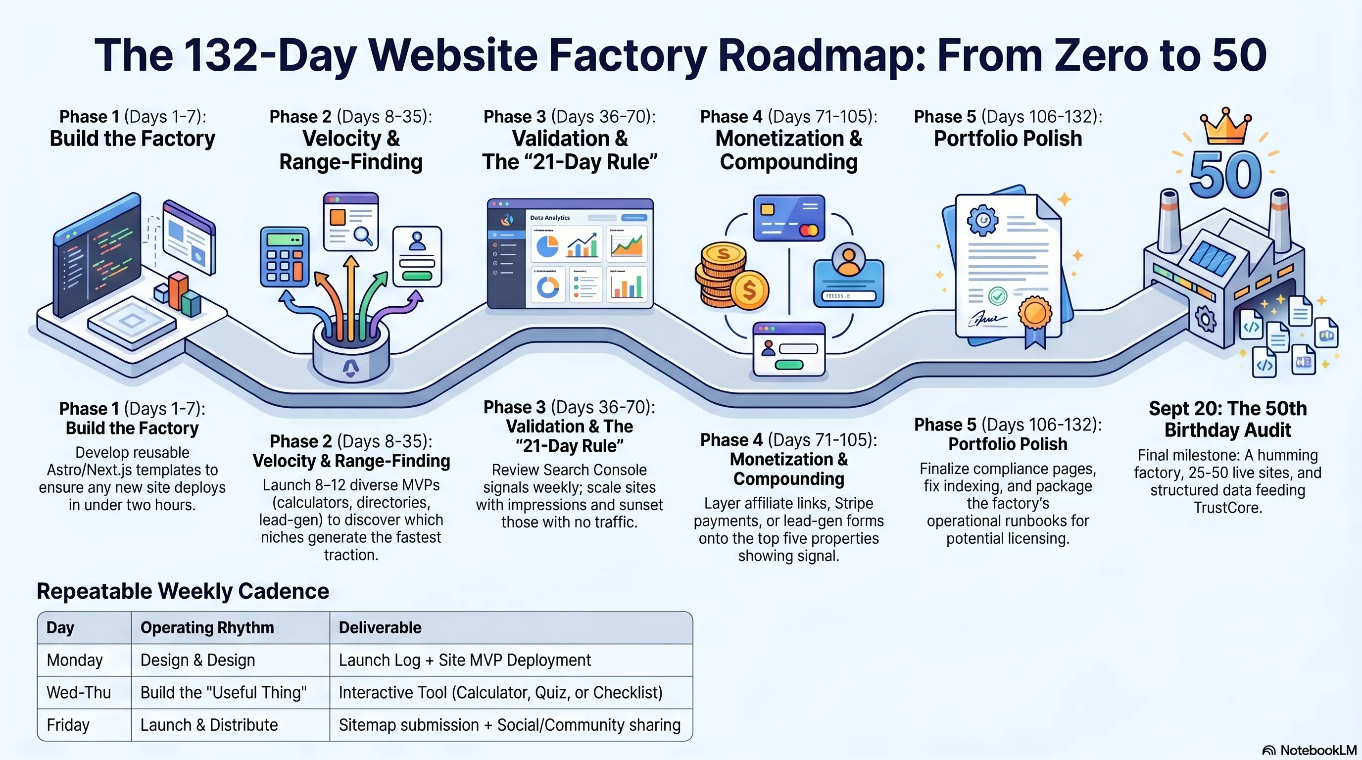 The 132-Day Website Factory Roadmap: From Zero to 50 — five phases from Build the Factory through Portfolio Polish to the 50th Birthday Audit on September 20.